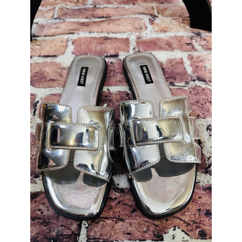 Nine West Womens Metallic Silver Slide Sandals Square Toe Flat H-Strap Mirror - Picture 3 of 13
